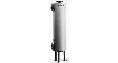 A tall
  silver tubular heat exchanger on a white background image