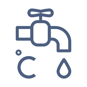 Blue cartoon outline of water dripping from a tap with the Celsius symbol next to it, to indicate temperature