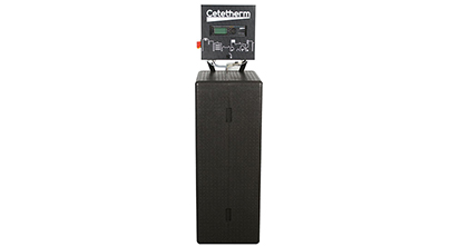 Right
  side wide shot of the Aquafirst heating and cooling system from Cetetherm
  which looks like a tall black box from the outside.